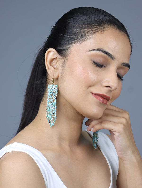 Handcrafted Aqua Blue and Gold Beaded Earrings with Fringe by Vibhura