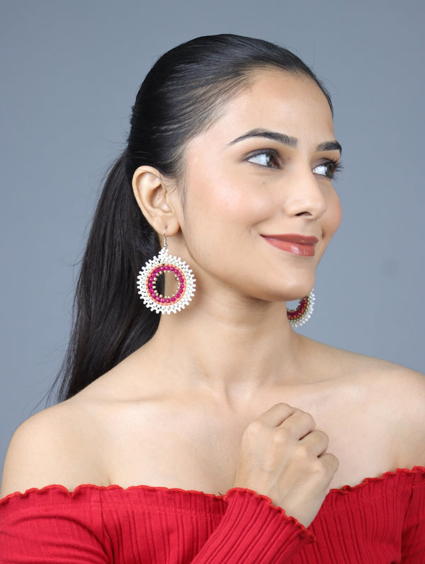 Red and White Circular Beaded Earrings