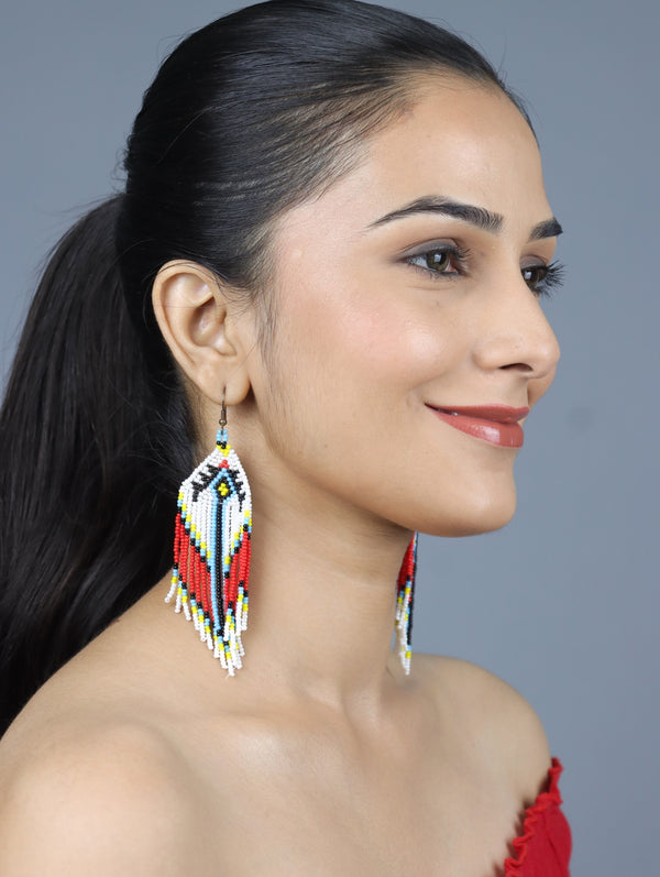 White and Red Geometric Beaded Earrings