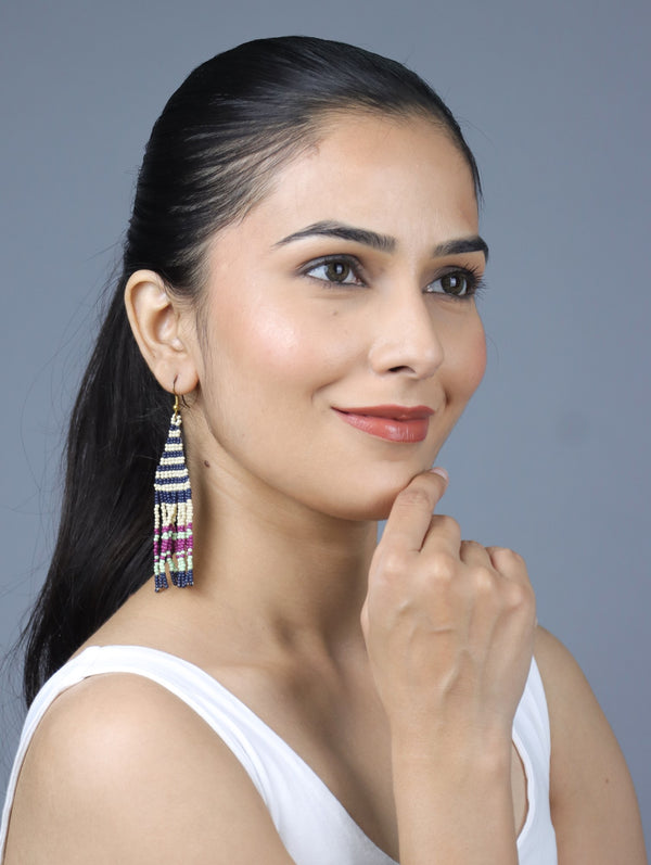 Black, Cream, and Pink Striped Beaded Earrings