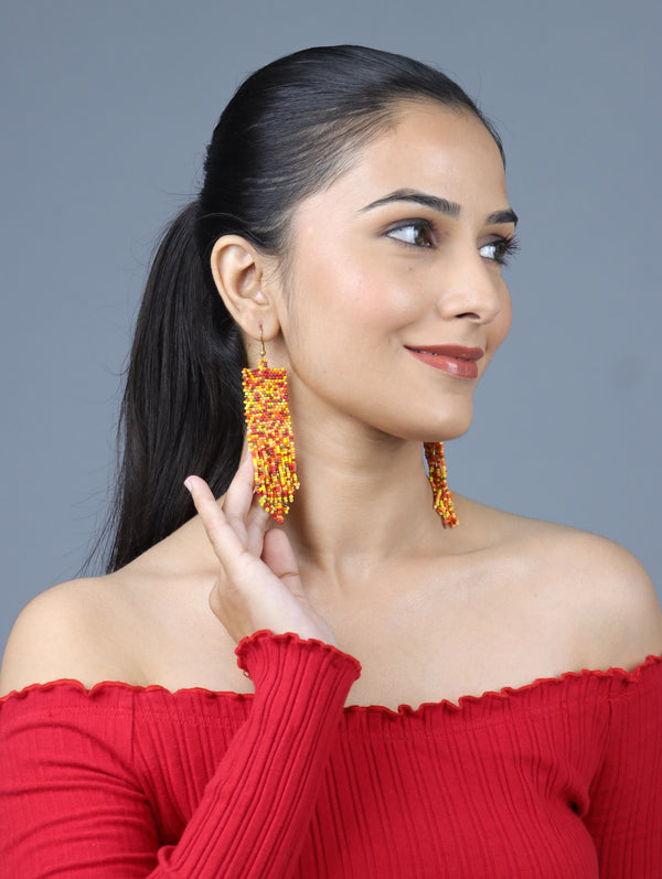 Handmade Sunset-Inspired Beaded Earrings with Fringe by Vibhura