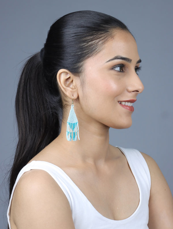 Sky Blue and White Beaded Earrings with Fringe