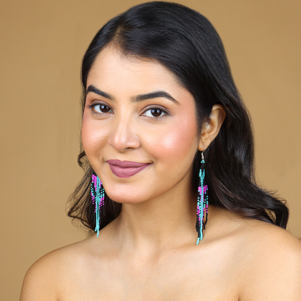 Handmade Turquoise, Pink, and Black Beaded Fringe Earrings by Vibhura