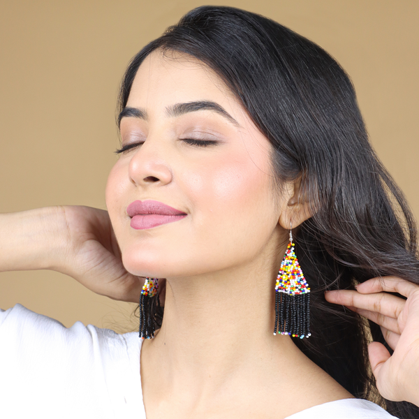 Multicolor Beaded Earrings with Black Fringe by Vibhura