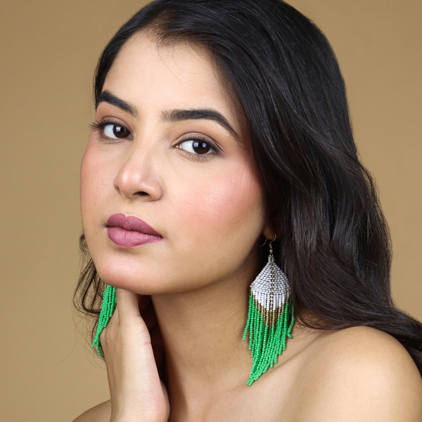 Handmade Green and Gold Beaded Fringe Earrings by Vibhura