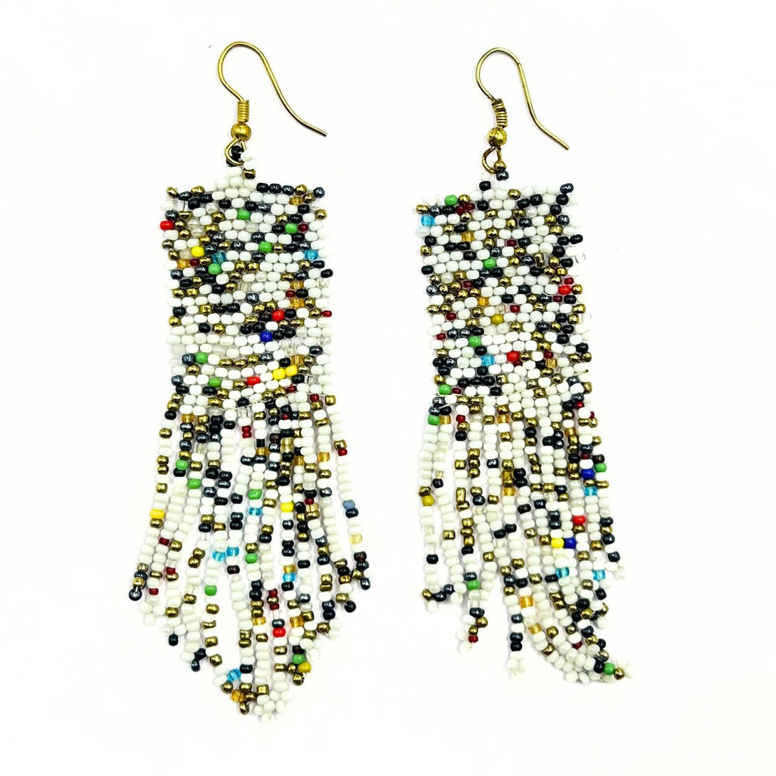 Handcrafted White and Multicolor Beaded Earrings – Dangle Fringe Design by Vibhura-Vibhura