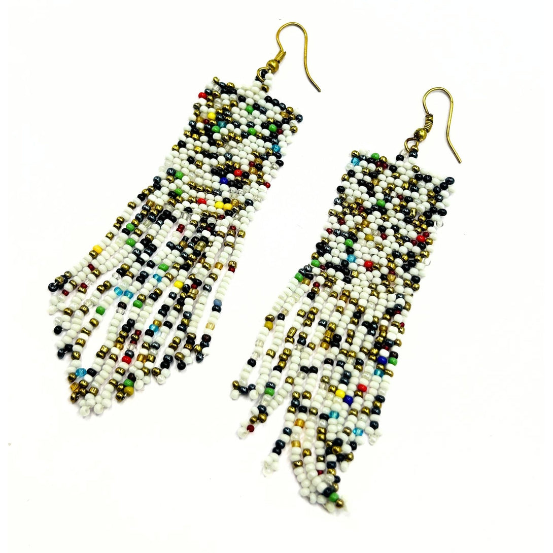 Handcrafted White and Multicolor Beaded Earrings – Dangle Fringe Design by Vibhura-Vibhura