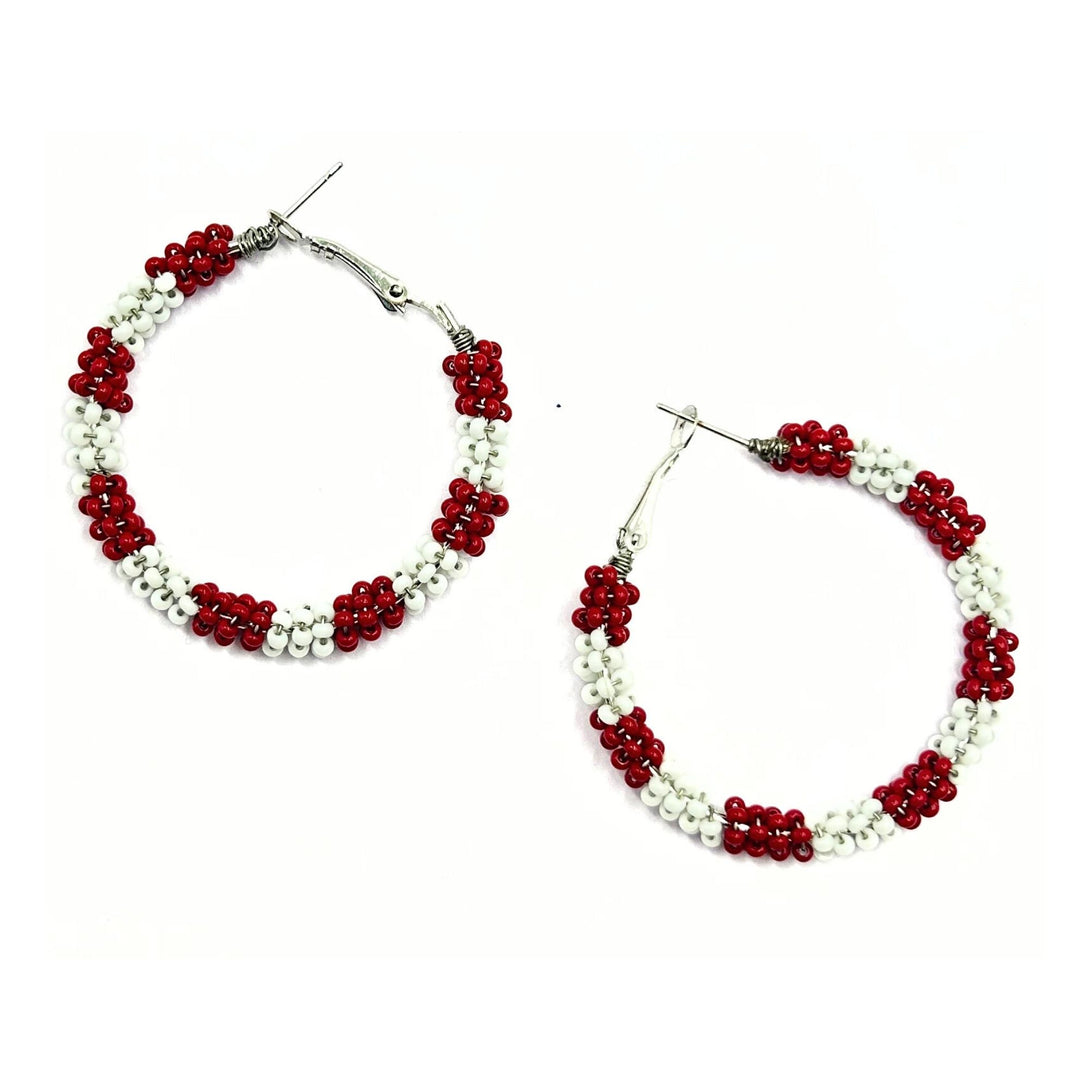 Red and White Beaded Hoop Earrings – Handmade by Vibhura-Vibhura