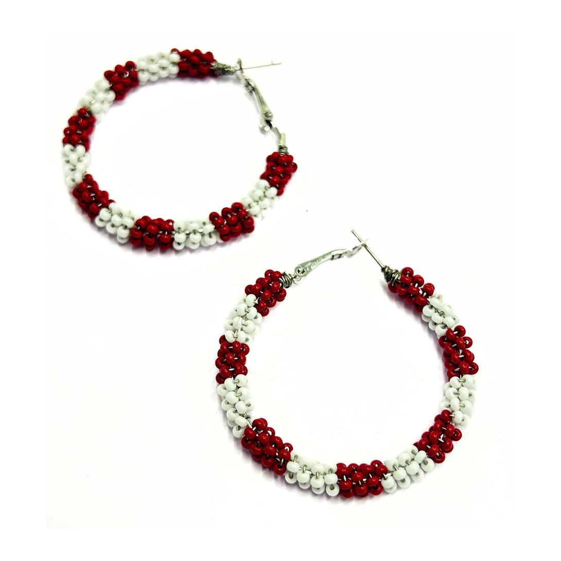 Red and White Beaded Hoop Earrings – Handmade by Vibhura-Vibhura