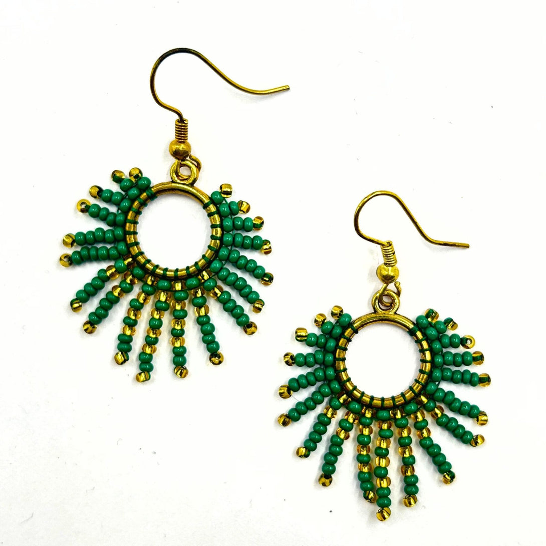 Handcrafted Green and Gold Sunburst Beaded Earrings by Vibhura-Vibhura