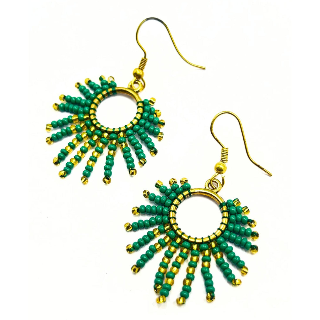 Handcrafted Green and Gold Sunburst Beaded Earrings by Vibhura-Vibhura