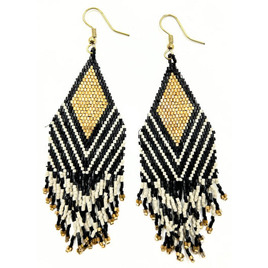 Handcrafted Beaded Earrings with Chevron Pattern in Black, White, and Gold-Vibhura