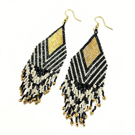 Handcrafted Beaded Earrings with Chevron Pattern in Black, White, and Gold-Vibhura