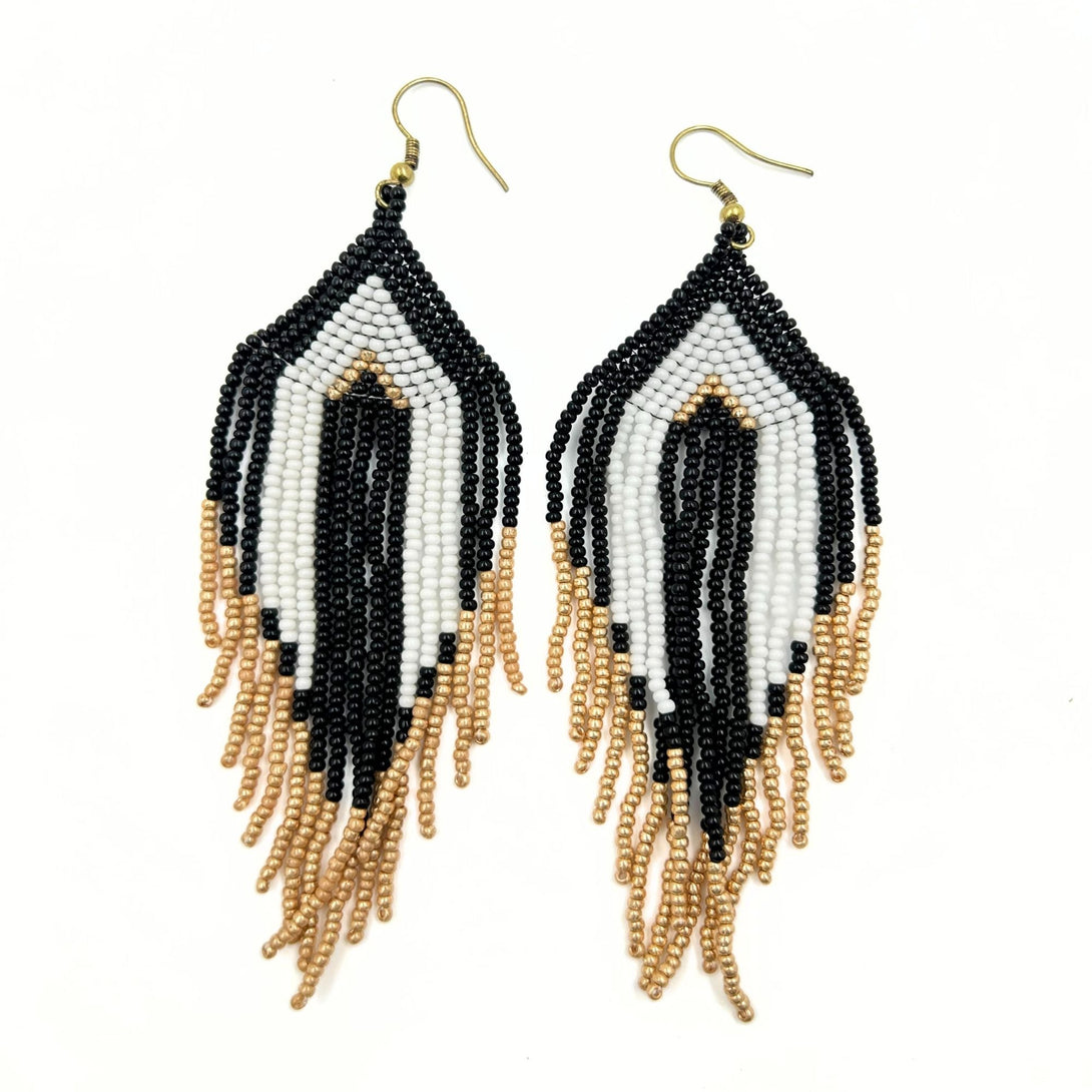 Black and Gold Beaded Chevron Earrings-Vibhura