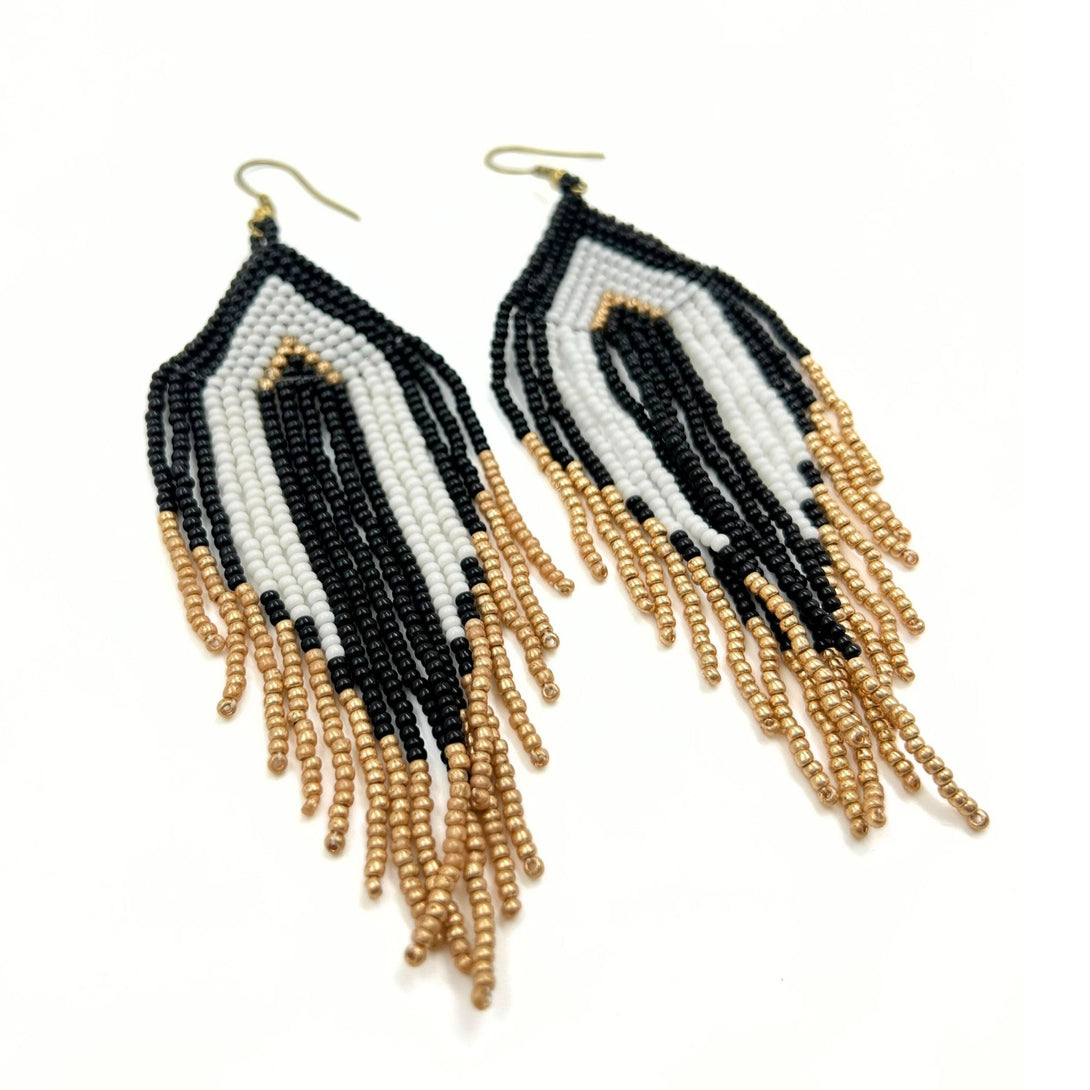 Black and Gold Beaded Chevron Earrings-Vibhura