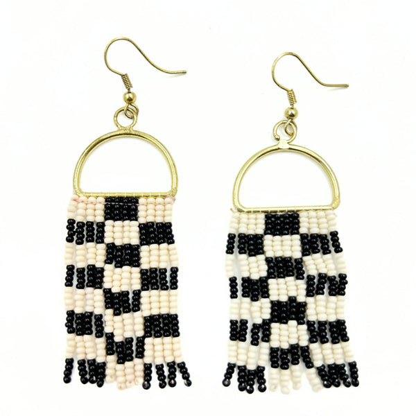 Pink and Black Checkered Beaded Earrings-Vibhura