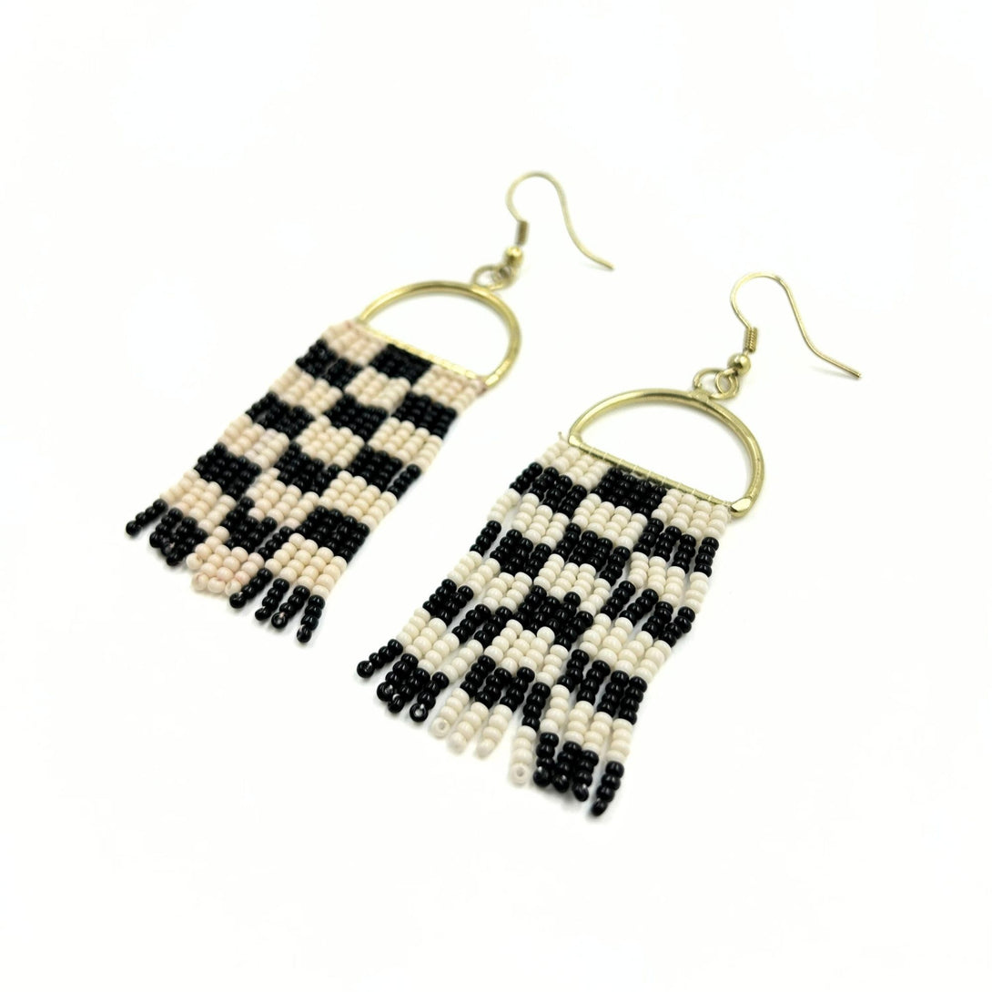 Pink and Black Checkered Beaded Earrings-Vibhura