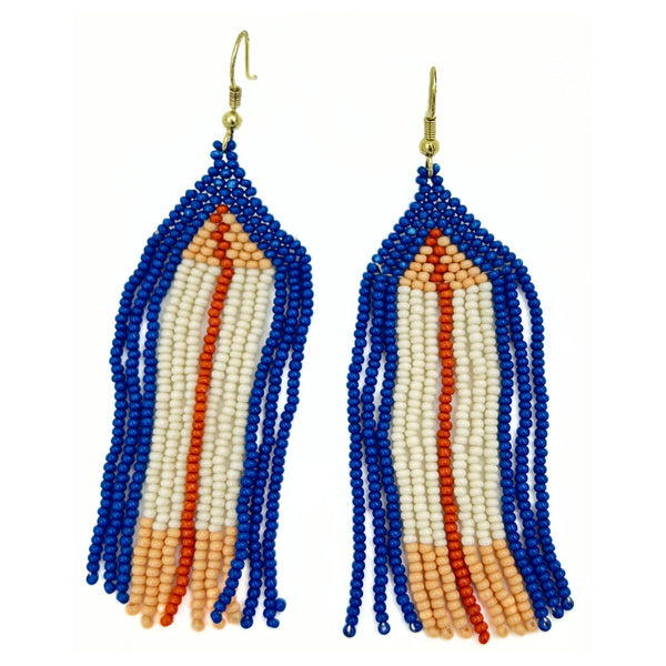 Blue, Red, and Cream Beaded Fringe Earrings-Vibhura