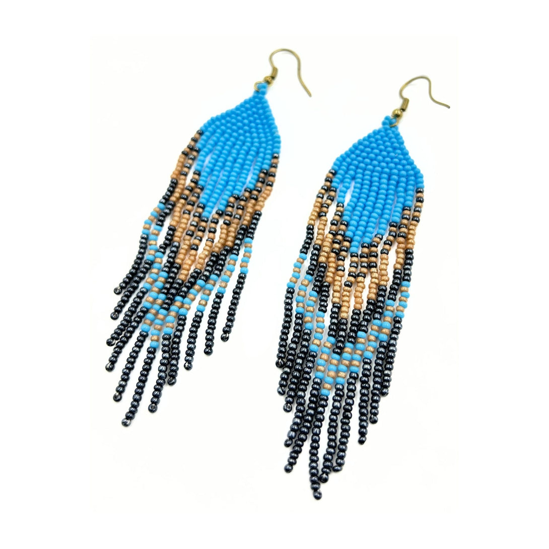 Blue and Gold Beaded Fringe Earrings-Vibhura