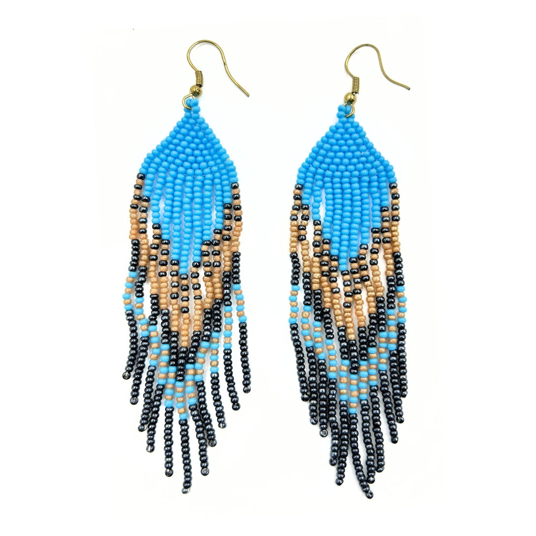 Blue and Gold Beaded Fringe Earrings-Vibhura