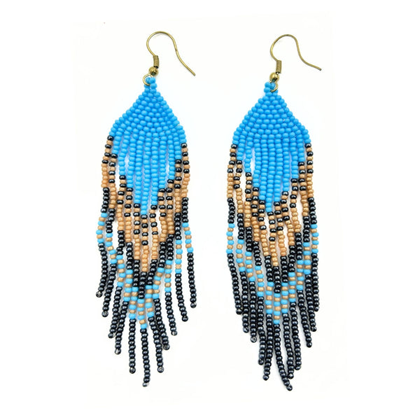 Blue and Gold Beaded Fringe Earrings-Vibhura