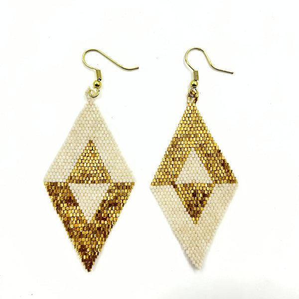 Handmade Geometric Diamond Beaded Earrings in White and Gold-Vibhura