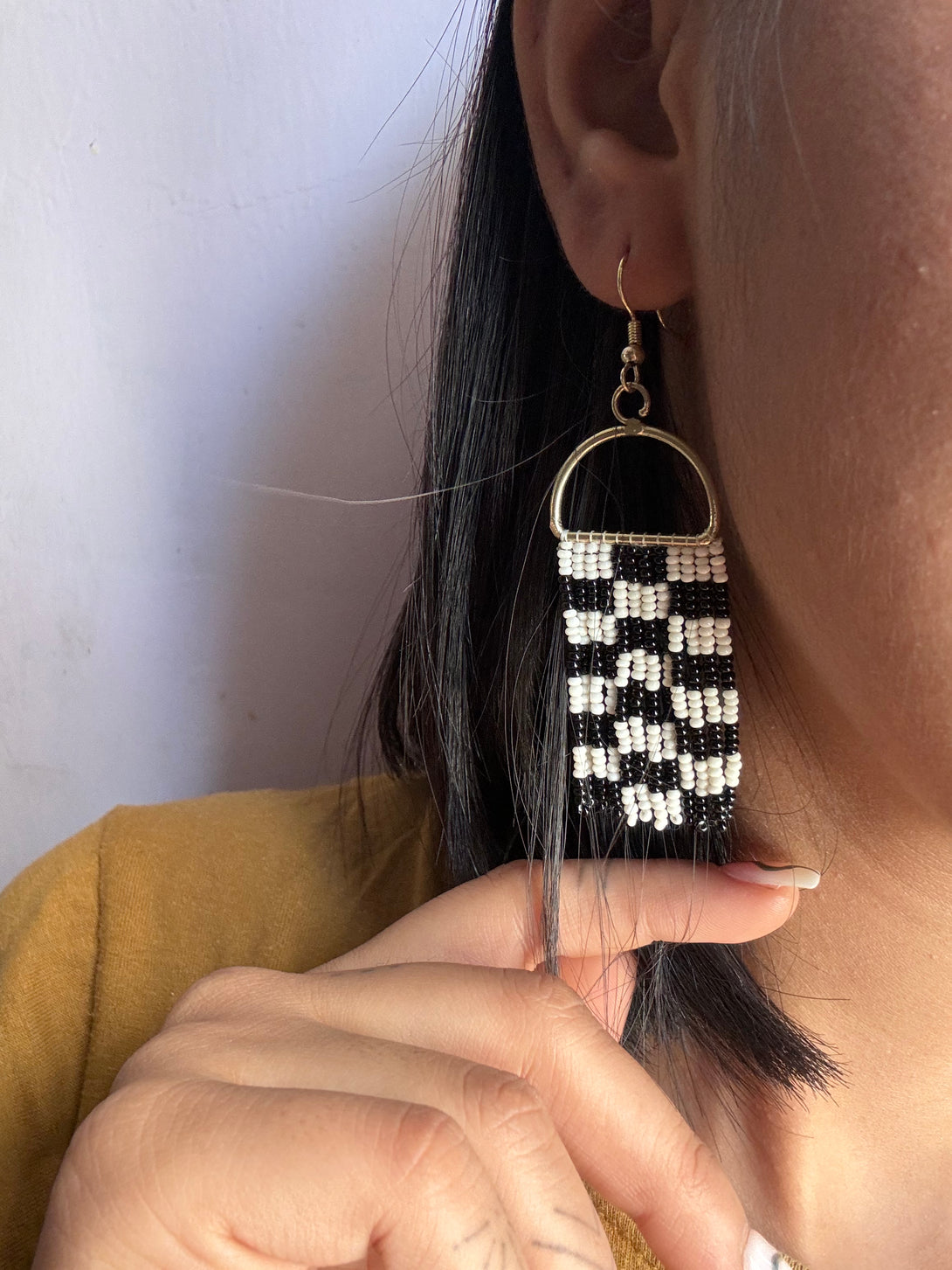 Pink and Black Checkered Beaded Earrings-Vibhura