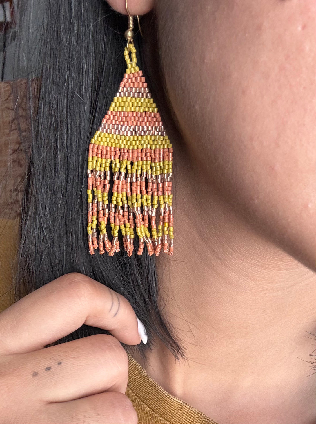 Handmade Beaded Fringe Earrings in Yellow and Orange-Vibhura