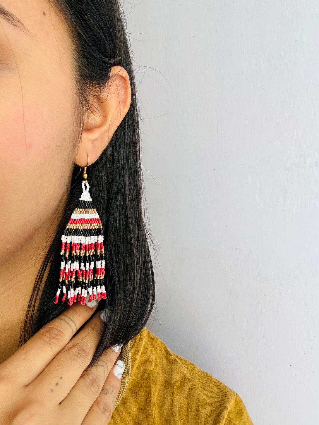 Striped Beaded Fringe Earrings in Red, Black, and White-Vibhura