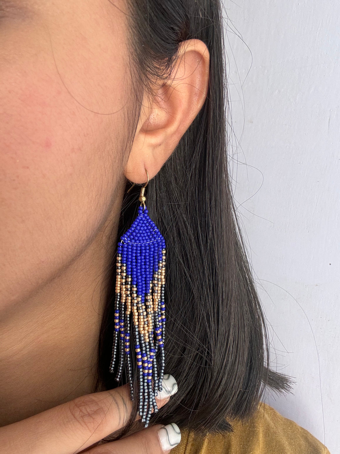 Royal Blue and Gold Beaded Earrings with Fringe-Vibhura