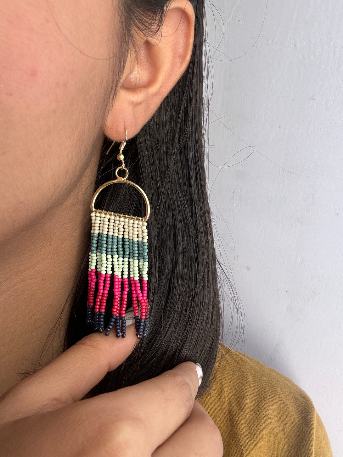 Pink and Black Checkered Beaded Earrings-Vibhura