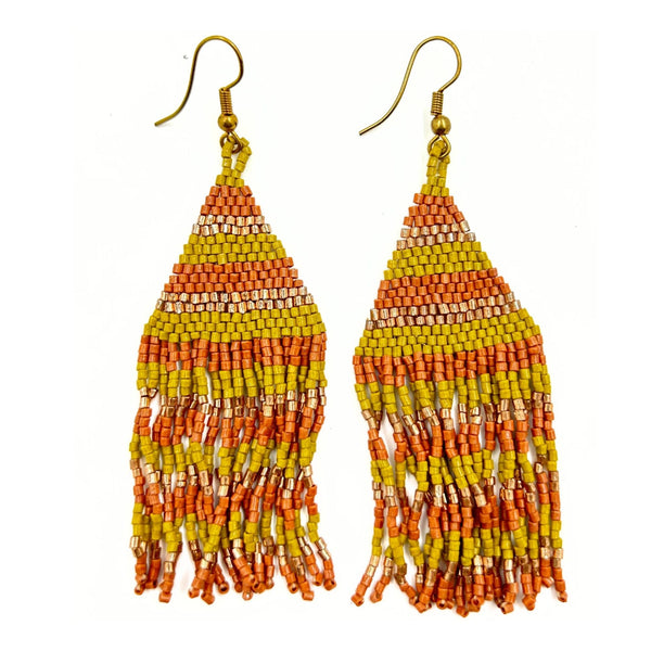 Handmade Beaded Fringe Earrings in Yellow and Orange-Vibhura