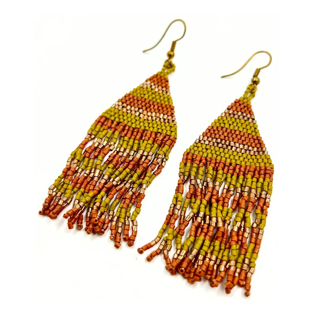 Handmade Beaded Fringe Earrings in Yellow and Orange-Vibhura