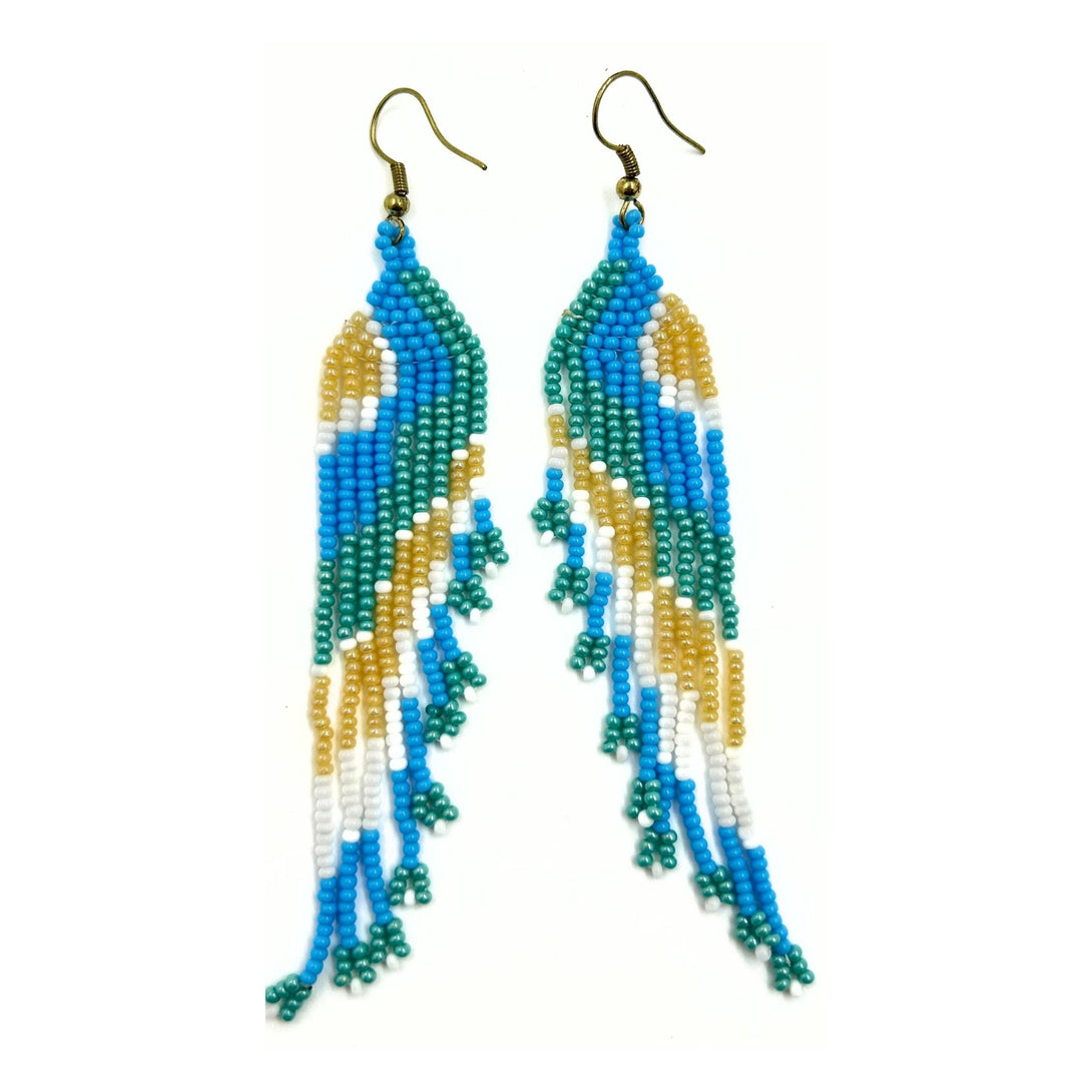 Blue and Gold Beaded Fringe Earrings-Vibhura