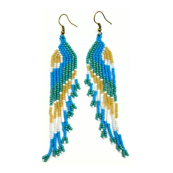 Blue and Gold Beaded Fringe Earrings-Vibhura