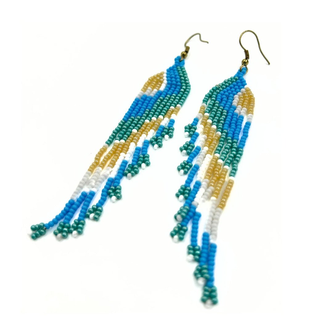 Blue and Gold Beaded Fringe Earrings-Vibhura