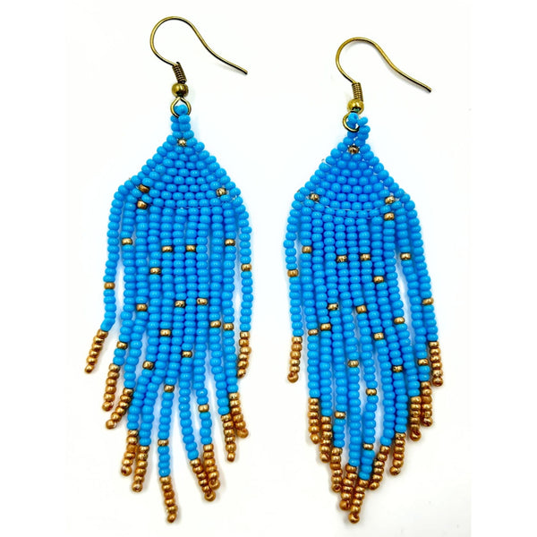 Turquoise and Gold Beaded Earrings with Fringe-Vibhura