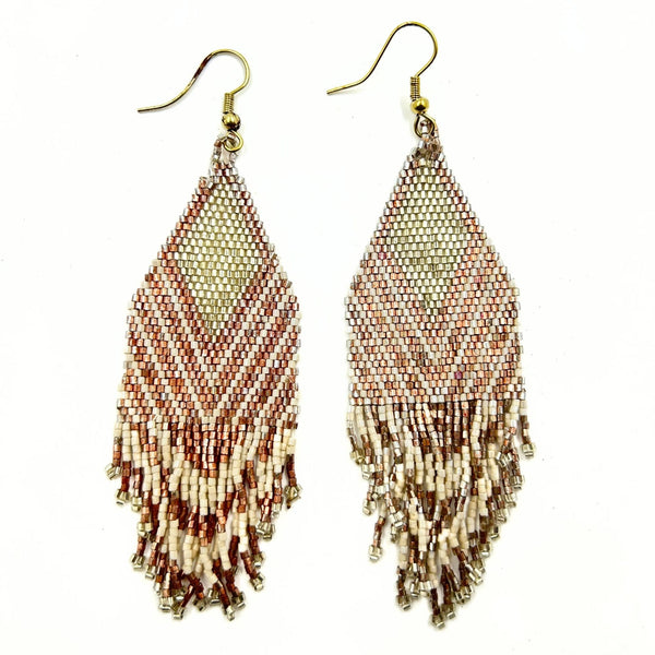 Handmade Chevron Fringe Beaded Earrings in Rose Gold and Cream-Vibhura