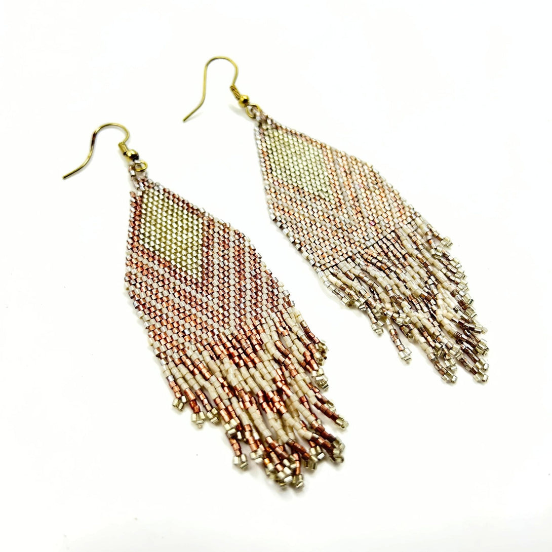 Handmade Chevron Fringe Beaded Earrings in Rose Gold and Cream-Vibhura