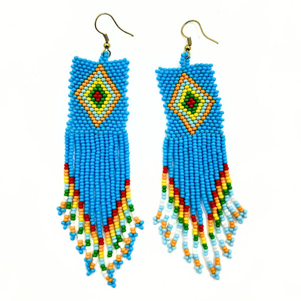 Handmade Beaded Earrings with Multicolor Fringe in Blue-Vibhura