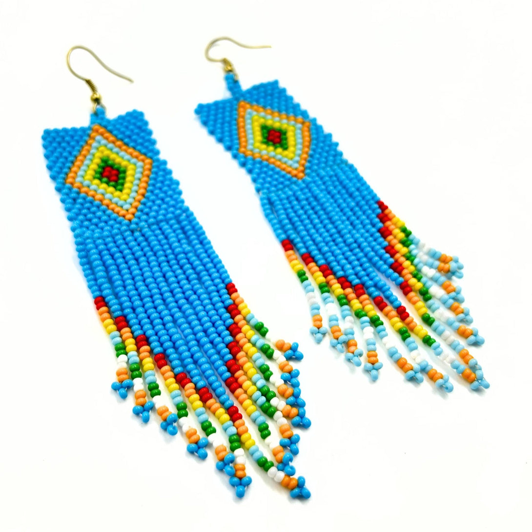 Handmade Beaded Earrings with Multicolor Fringe in Blue-Vibhura