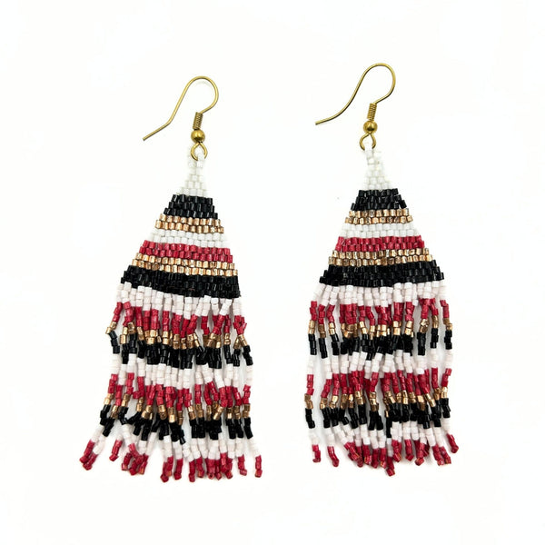 Striped Beaded Fringe Earrings in Red, Black, and White-Vibhura