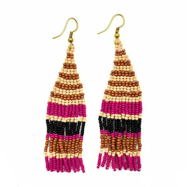 Brown and Pink Striped Beaded Fringe Earrings-Vibhura