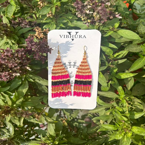 Brown and Pink Striped Beaded Fringe Earrings-Vibhura