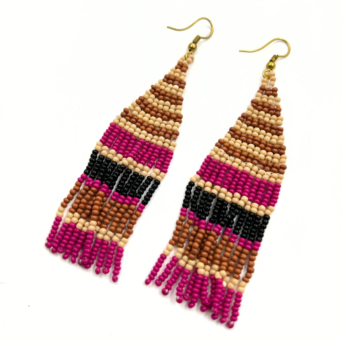 Brown and Pink Striped Beaded Fringe Earrings-Vibhura