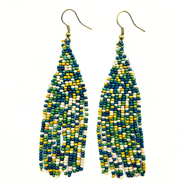 Mixed Blue and Green Beaded Earrings with Fringe-Vibhura