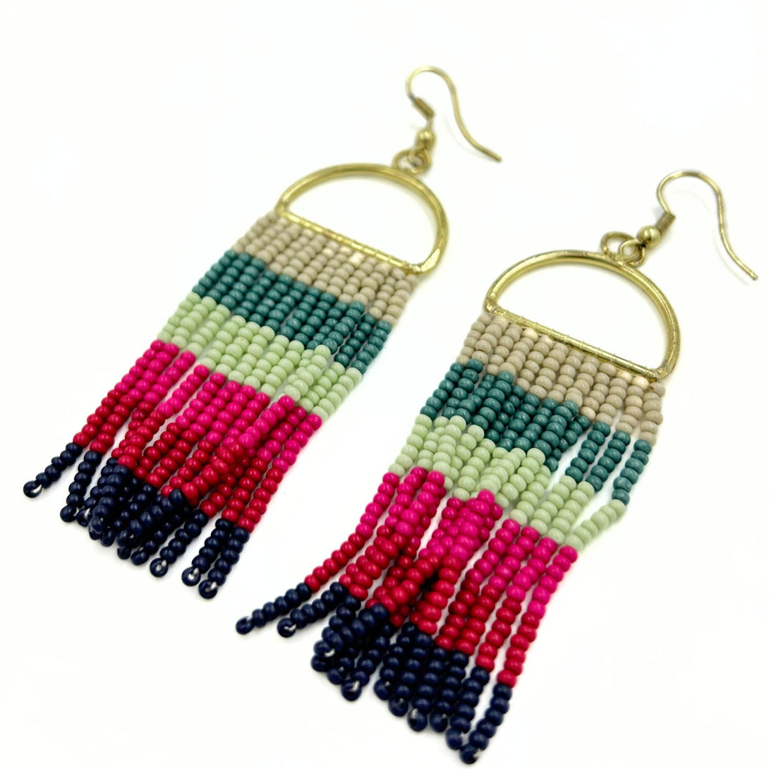 Handmade Multicolored Beaded Fringe Earrings with Gold Arch-Vibhura