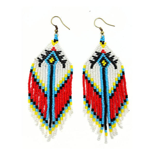 White and Red Geometric Beaded Earrings-Vibhura