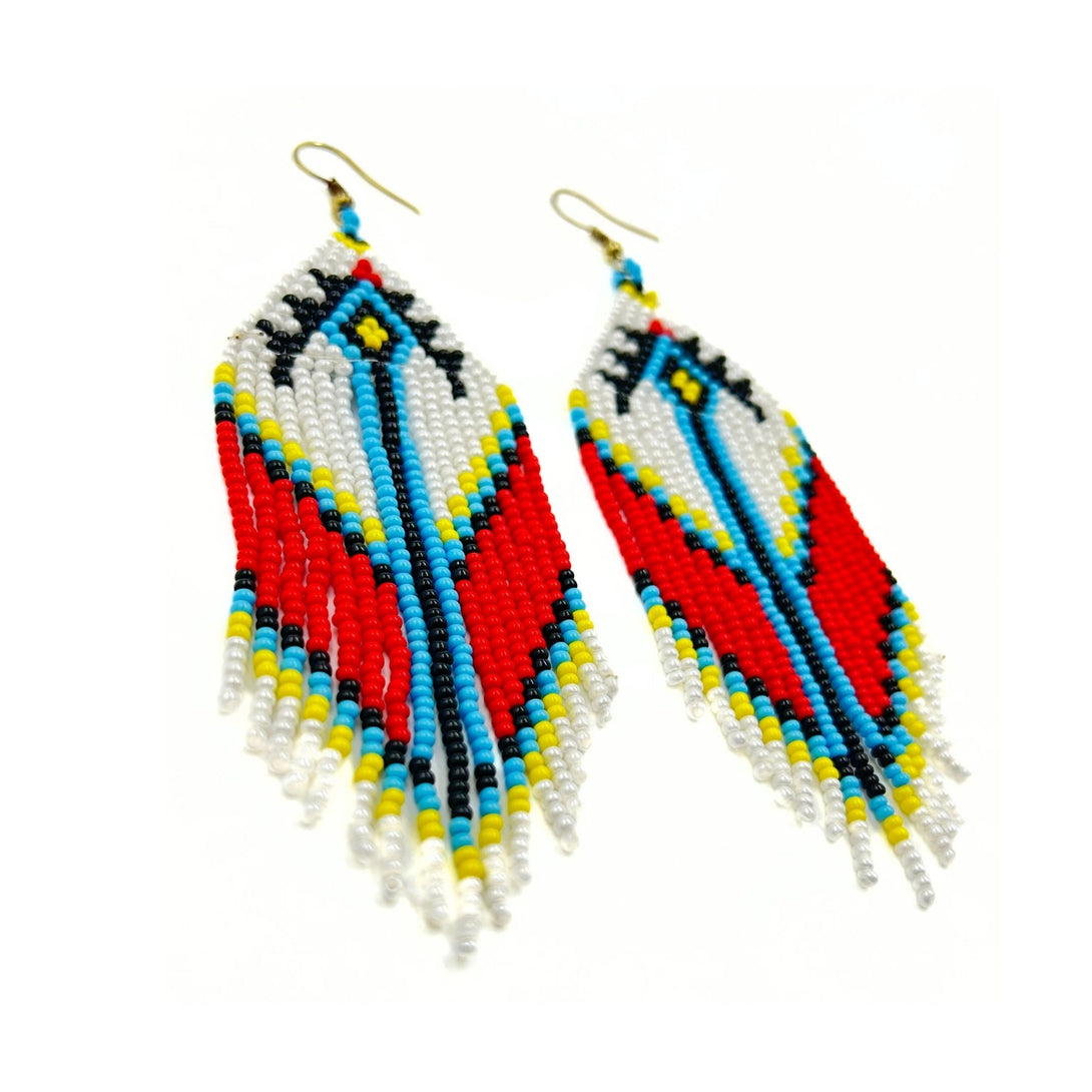 White and Red Geometric Beaded Earrings-Vibhura