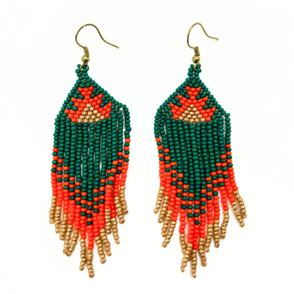 Green and Orange Beaded Dangle Earrings-Vibhura